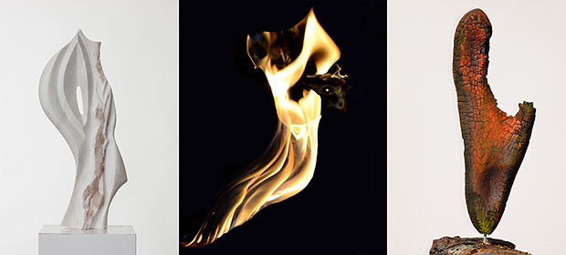 Flammende Skulpturen- Holzskulpturen im Prozess des Brennens